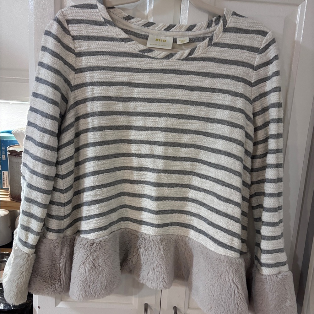 Maeve by Anthropologie Maeve Cream and Gray Striped Knit Tee